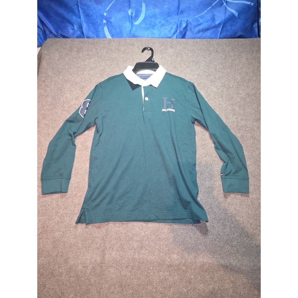 Tommy Hilfiger Boys Green Long Sleeve Rugby Shirt Size M 12-14 Logo Graphic - Picture 1 of 9